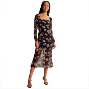 Abercrombie & Fitch Emerson Midi Dress Chiffon Floral Long Sleeve Square Neck SP